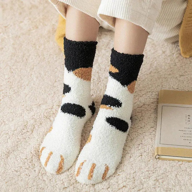 Cozy Cartoon Paw Print Fleece Socks Kawaii Comfort
