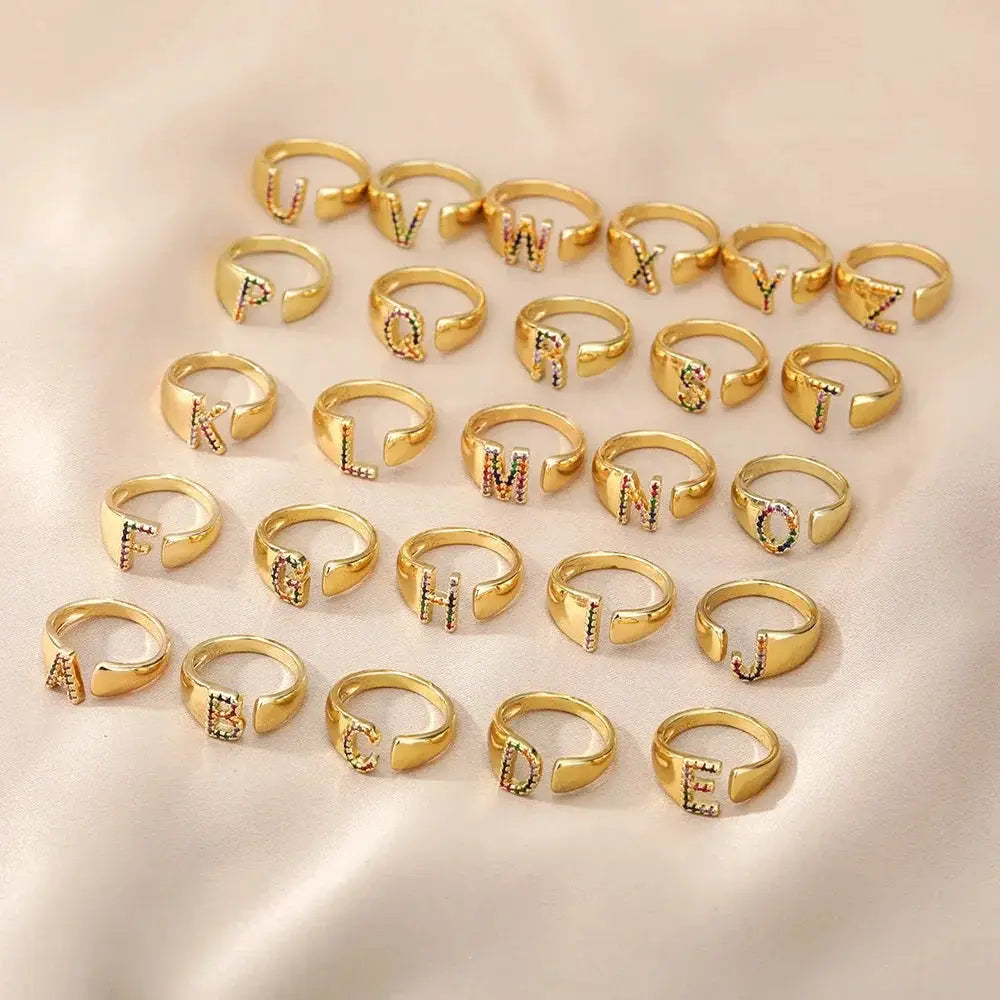 Rainbow Zircon Letter Rings for Women Fashion Jewelry