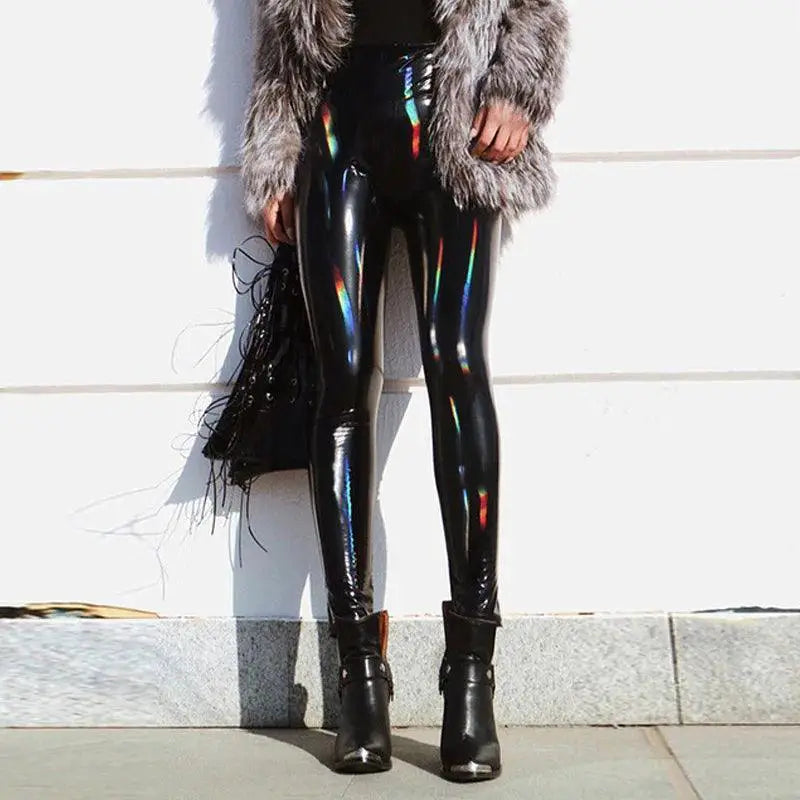 CHRLEISURE Black PU Leather High Waist Leggings For Women