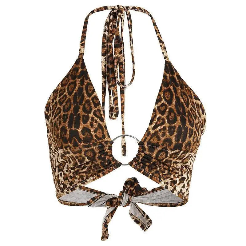 Leopard Print Halter Crop Top With Sequins Detail Night Out