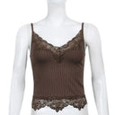 Gothic Bodycon Camis Crop Top Women Grunge Punk Backless Ribbed Lace Trim Summer