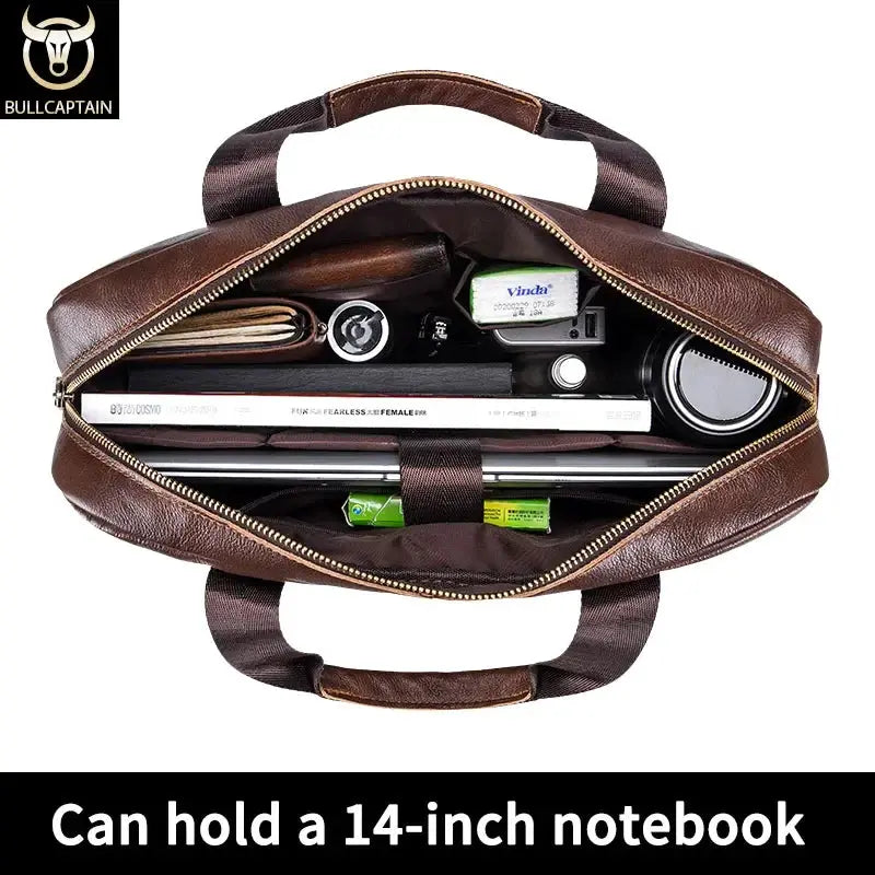 BULLCAPTAIN Genuine Leather 14 Inch Laptop Briefcase For Men