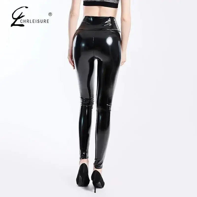 CHRLEISURE Black PU Leather High Waist Leggings For Women