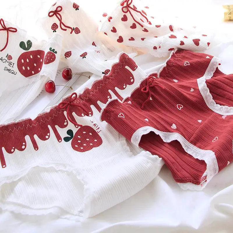 Strawberry Heart Lace Cotton Briefs Soft High Rise Lingerie