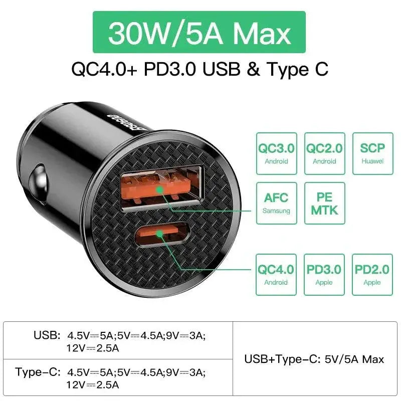 Baseus 30W Car Charger Fast Charging Xiaomi IPhone Samsung