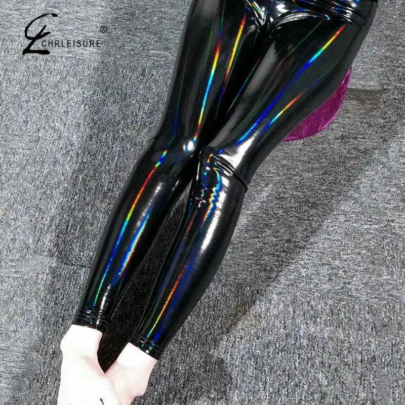CHRLEISURE Black PU Leather High Waist Leggings For Women
