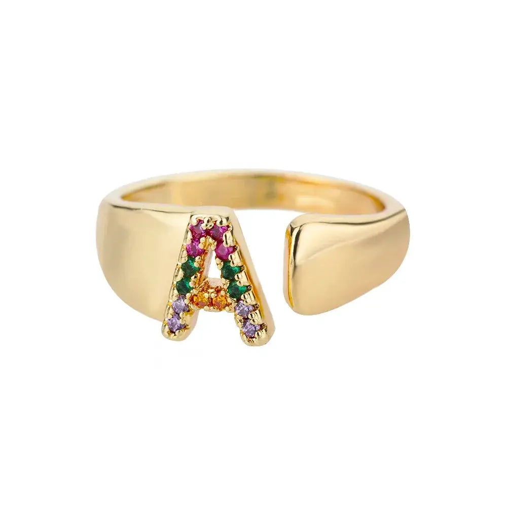 Rainbow Zircon Letter Rings for Women Fashion Jewelry