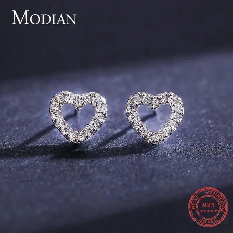 Modian Authentic 925 Sterling Silver Heart Stud Earrings