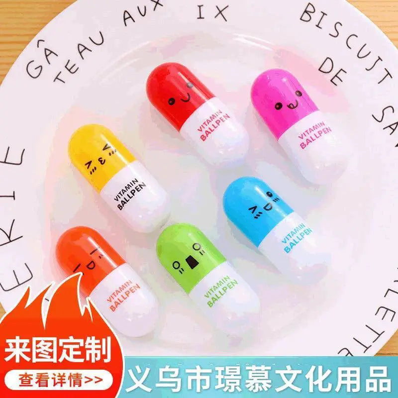 Vitamin Capsule Smiley Face Ballpoint Pen Set Colorful Pens