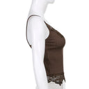 Gothic Bodycon Camis Crop Top Women Grunge Punk Backless Ribbed Lace Trim Summer