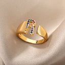 Rainbow Zircon Letter Rings For Women Fashion Jewelry 2024