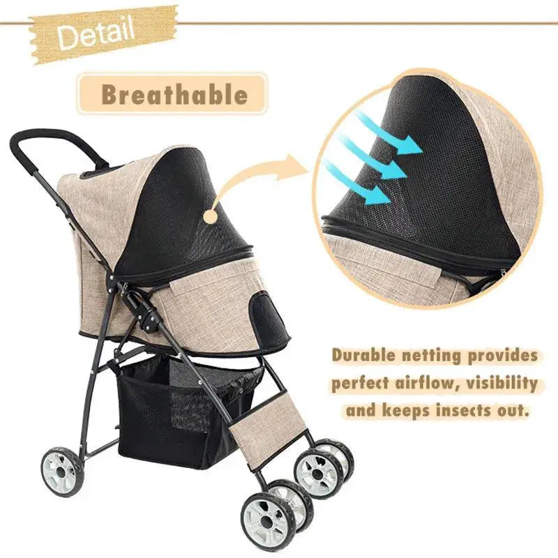 Foldable Pet Stroller With Large Mesh Window For Comfort