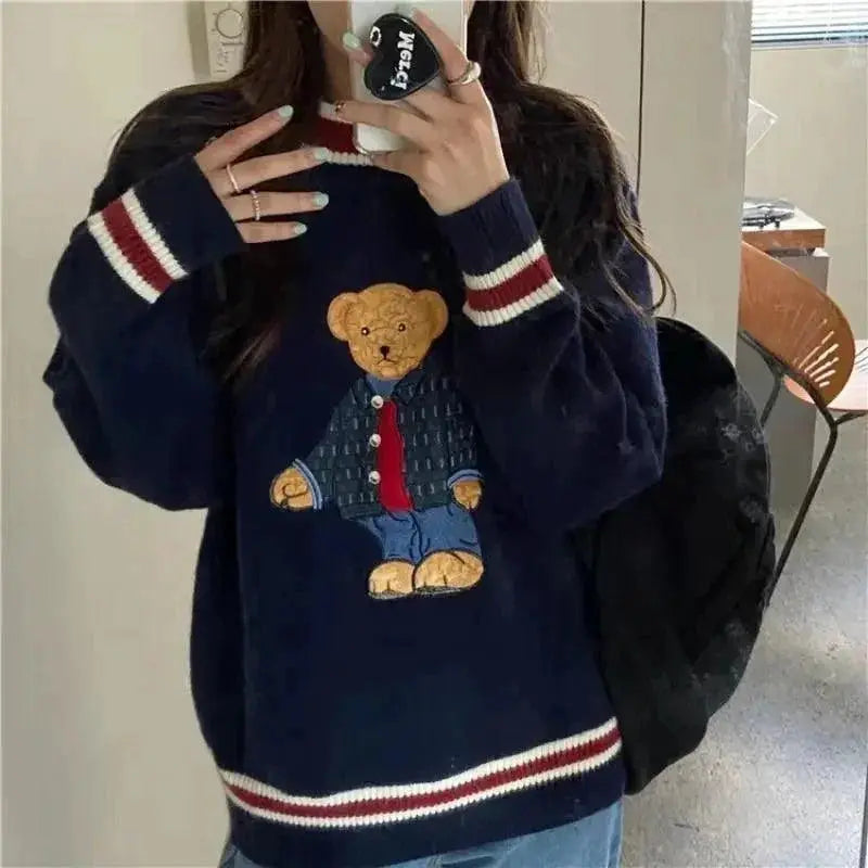 Japanese Cartoon Bear Knit Vest Oversized Cozy Autumn Style