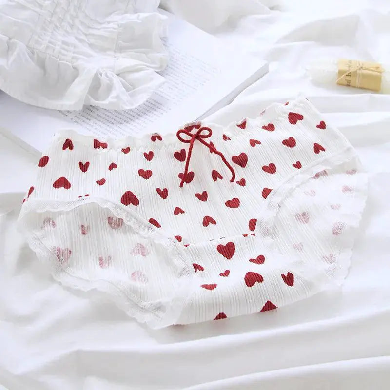 Strawberry Heart Lace Cotton Briefs Soft High Rise Lingerie