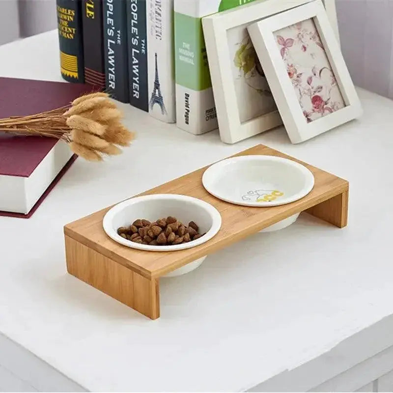Ceramic Bamboo Pet Bowl Set Stylish Elevated Feeding Station