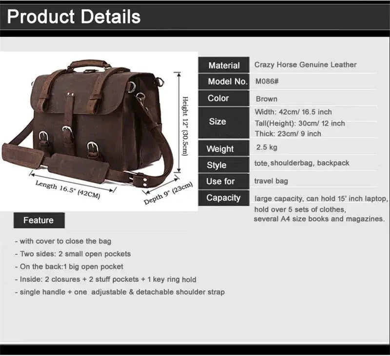 Classic Vintage Crazy Horse Leather Briefcase For Men