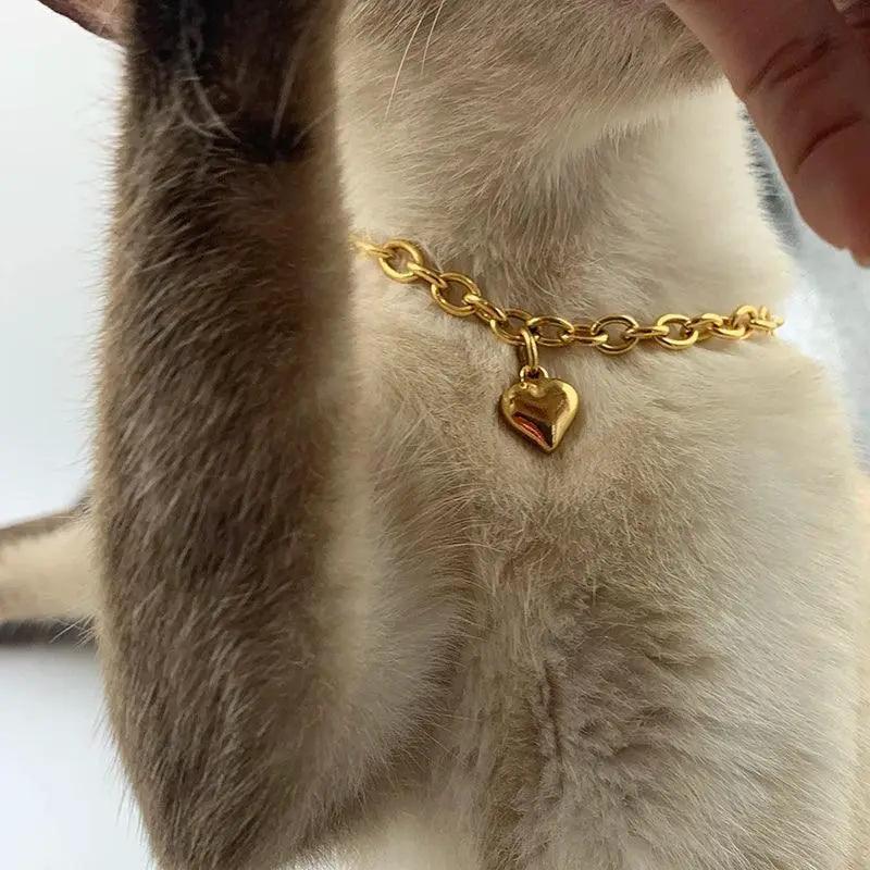 Gold Heart Charm Necklace For Pets Stainless Steel Cat Dog