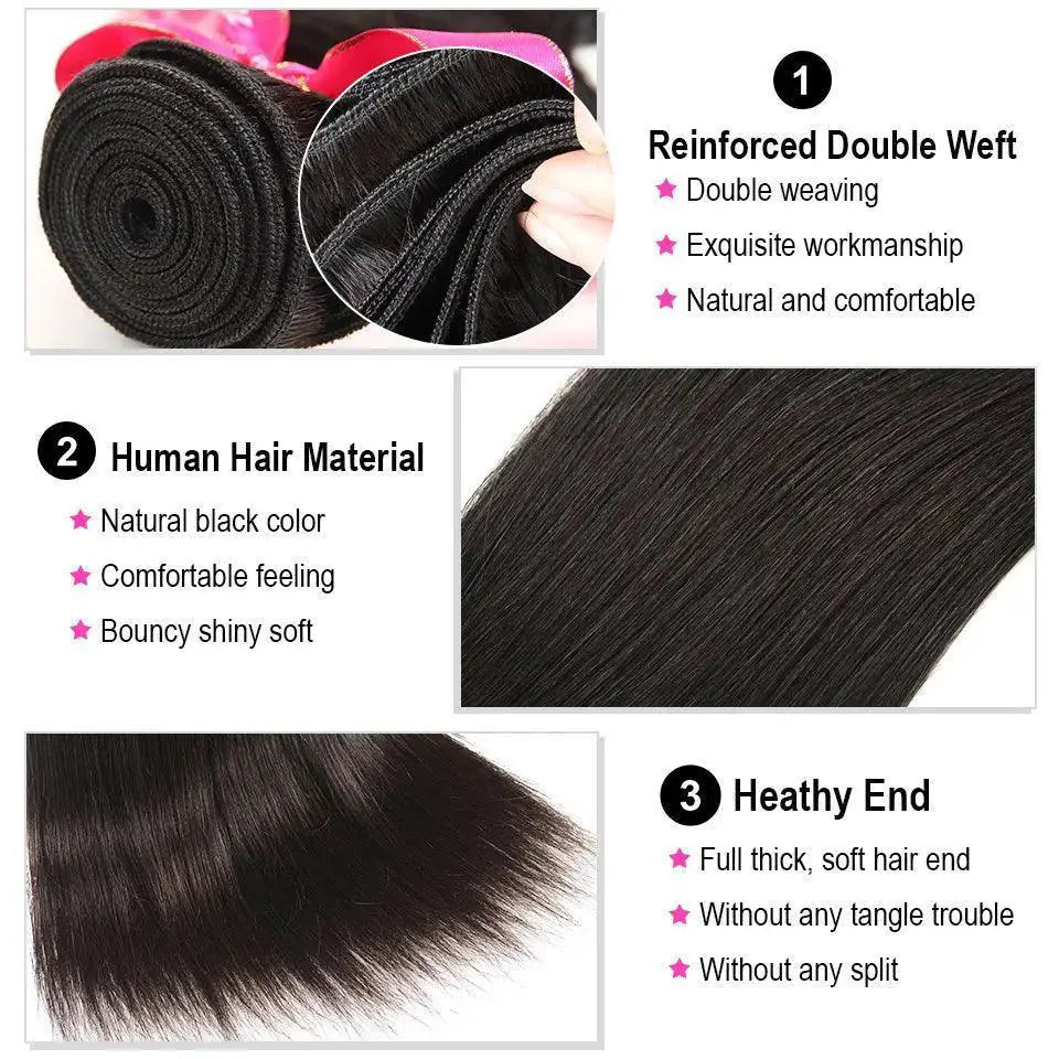 Brazilian Straight Human Hair Bundle Set With Closure