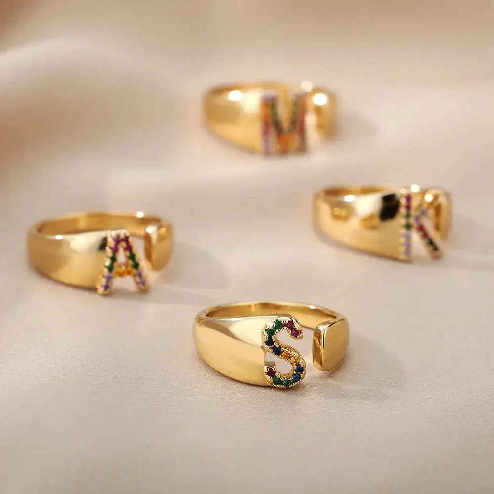 Rainbow Zircon Letter Rings for Women Fashion Jewelry