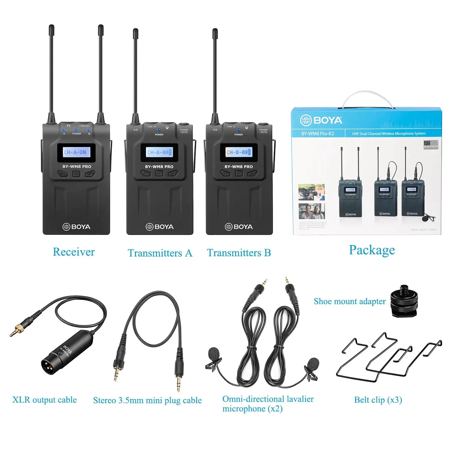 BOYA BY-WM8 Pro Professional Dual-Channel UHF Wireless Lavalier Lapel Microphone System for Camera iPhone PC DSLR LiveBroadcast
