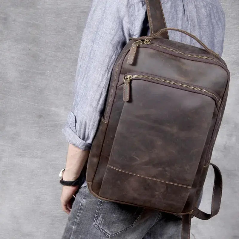 Men's Retro Crazy Horse Leather Laptop Backpack 15.6 Inch