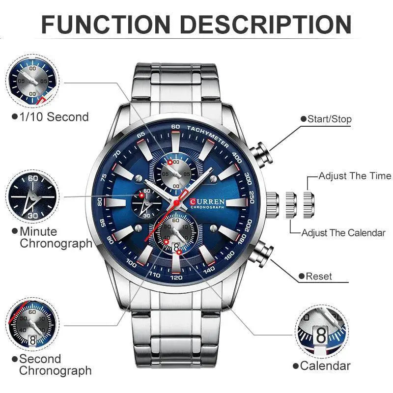 Curren Chronograph Watch Stainless Steel Waterproof Sport
