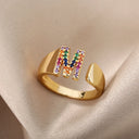 Rainbow Zircon Letter Rings For Women Fashion Jewelry 2024