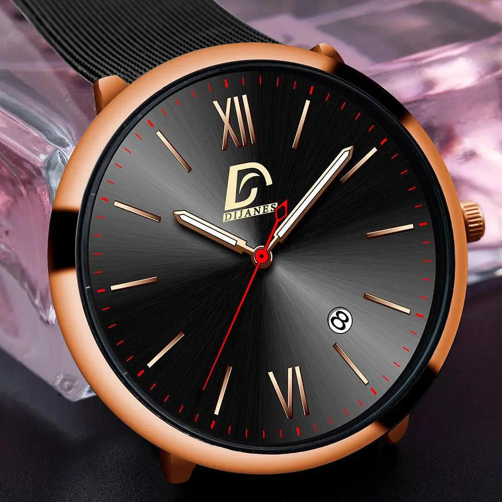 Luxury Mesh Belt Watch Mens Timepiece Leather Calendar