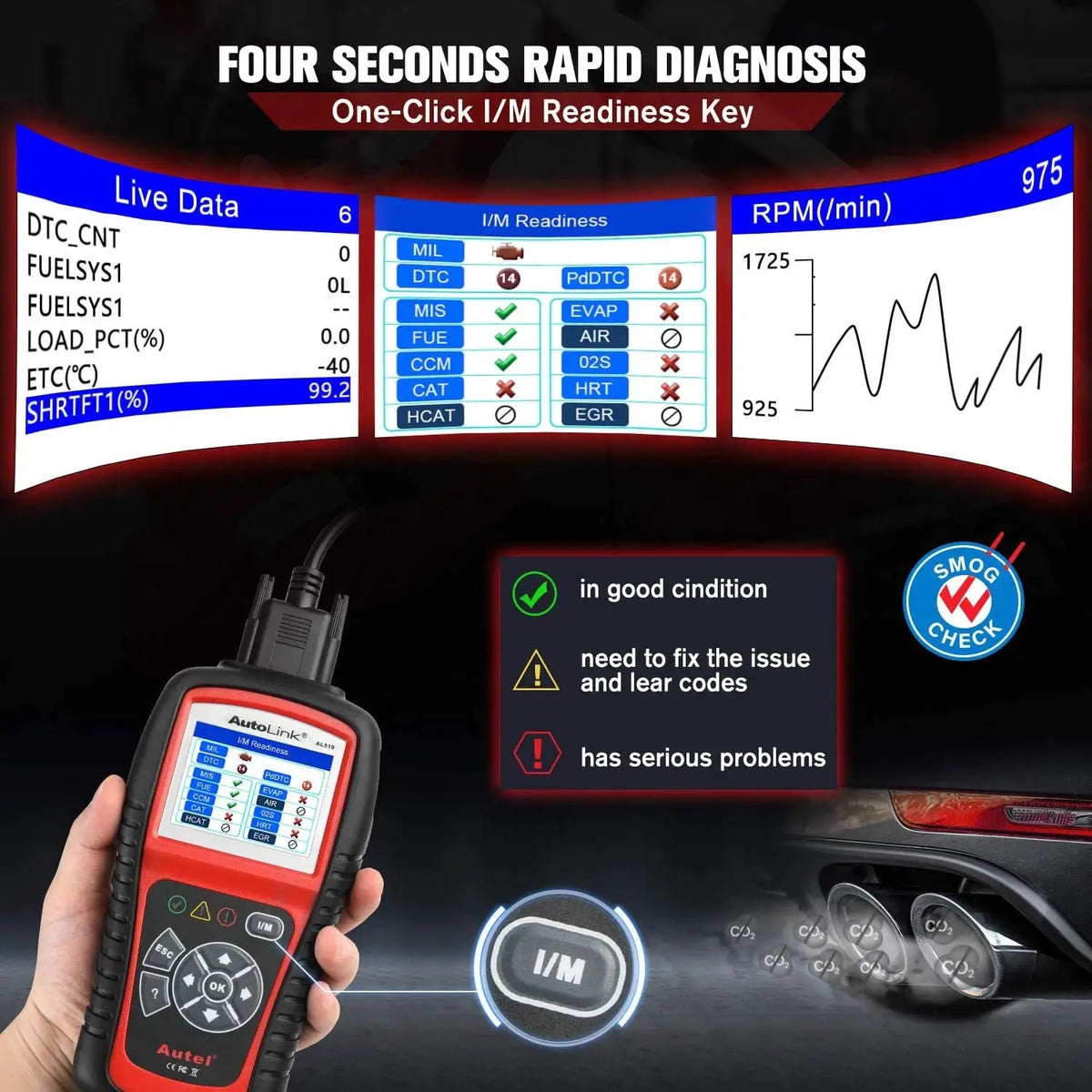 Autel AutoLink AL519 Vehicle OBDII/EOBD Code Reader One-Click I/M Readiness Key, Turns off Check Engine Light