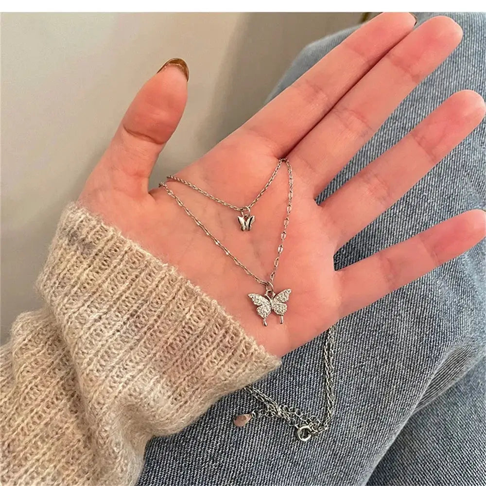 New Shiny Butterfly Necklace Exquisite Double Layer Chain