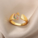 Rainbow Zircon Letter Rings For Women Fashion Jewelry 2024