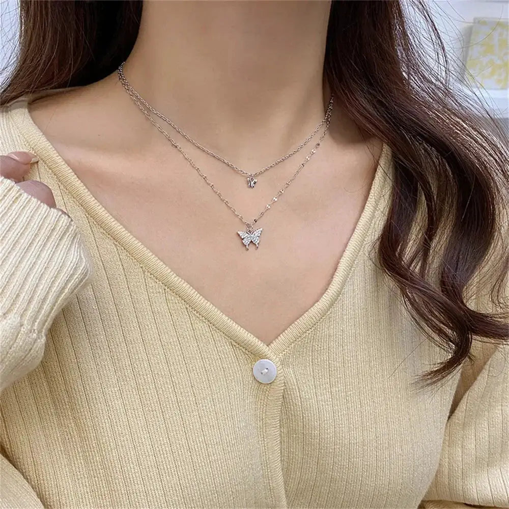 New Shiny Butterfly Necklace Exquisite Double Layer Chain