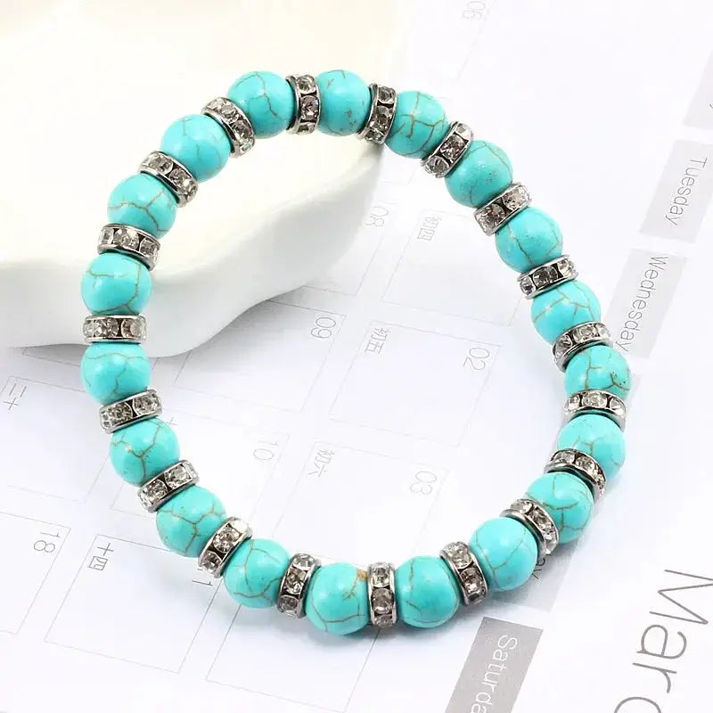 Blue Beaded Bracelet Charm Natural Stone Crystal Stretch
