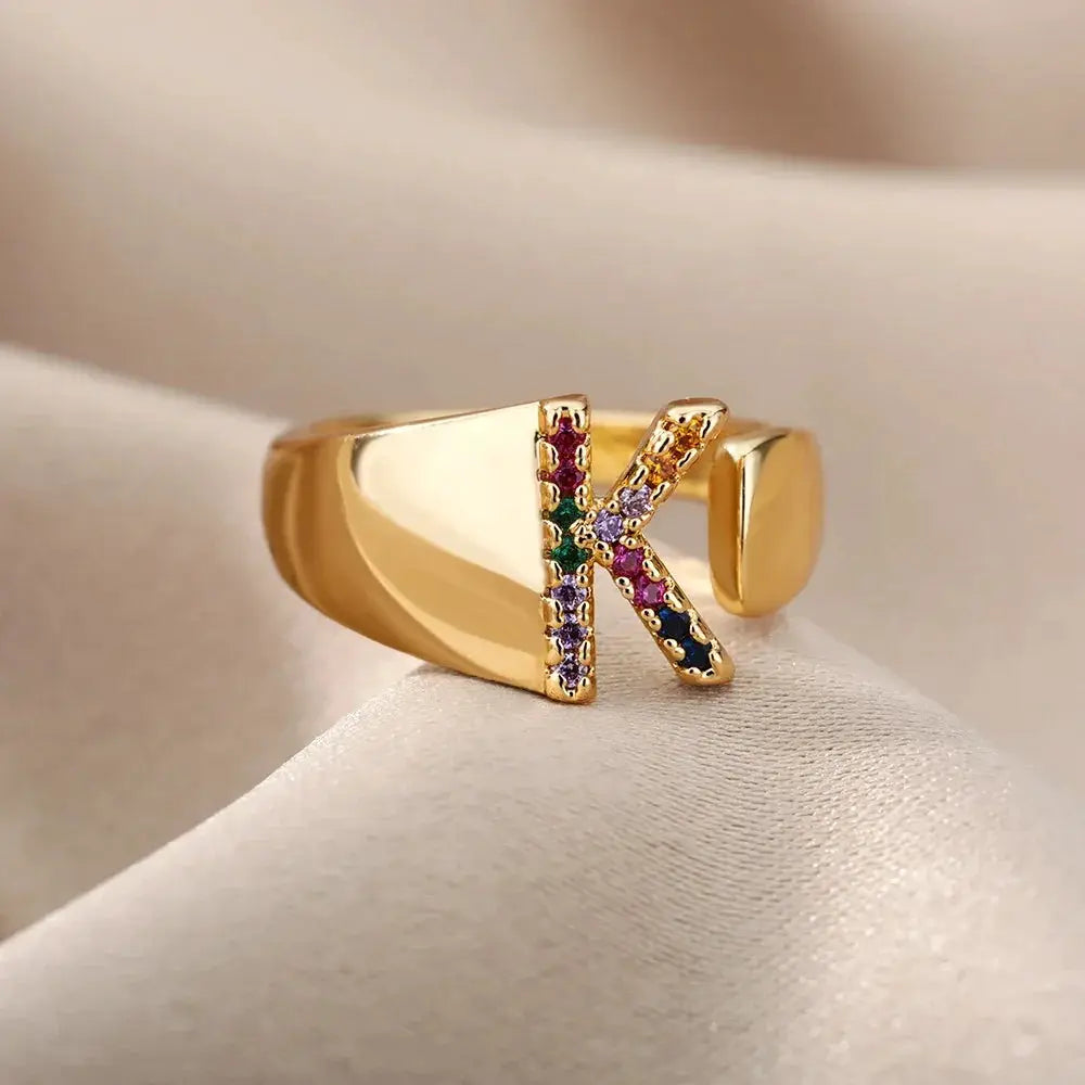 Rainbow Zircon Letter Rings for Women Fashion Jewelry