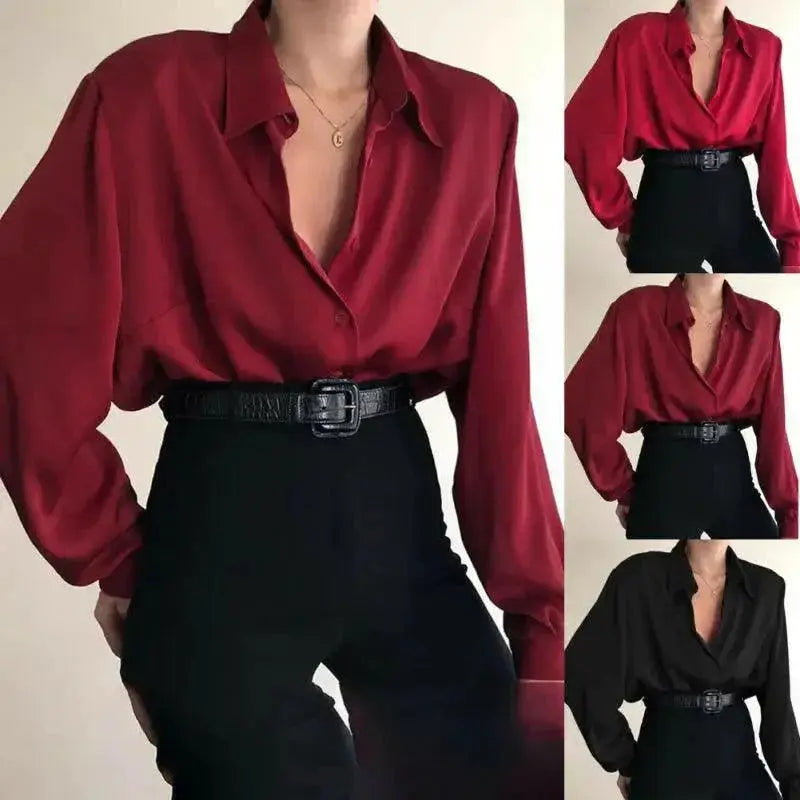 Elegant Red And Black Button Down Office Blouse For Women
