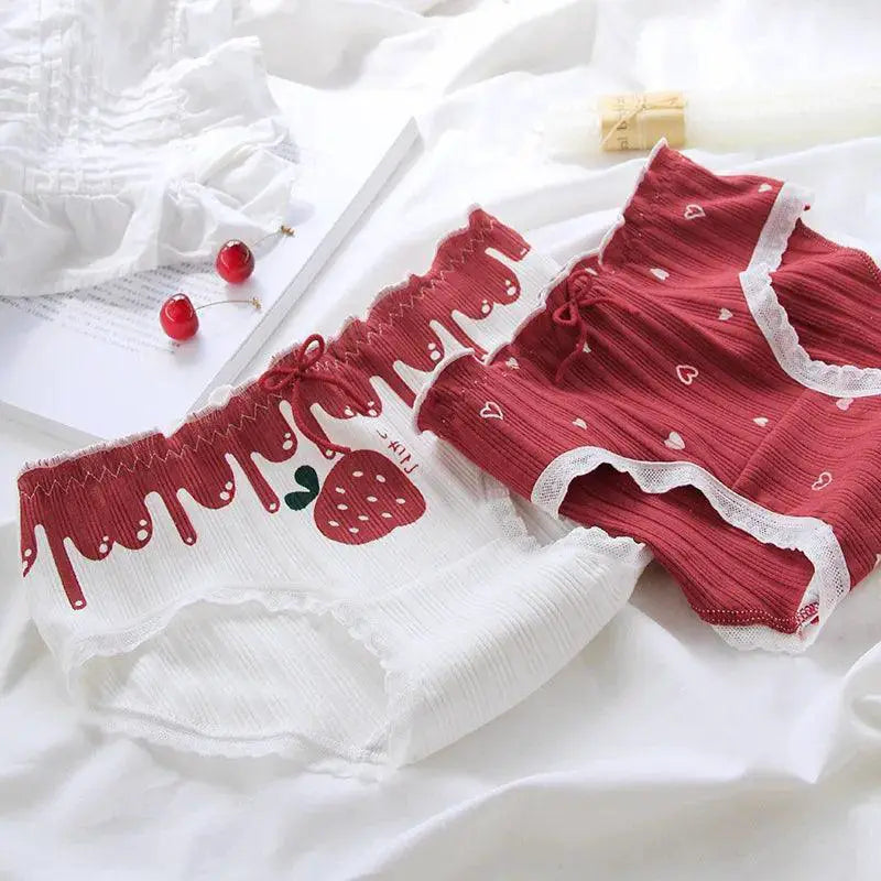 Strawberry Heart Lace Cotton Briefs Soft High Rise Lingerie