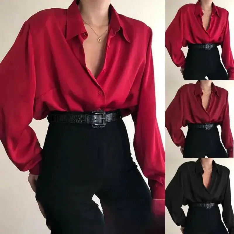 Elegant Red And Black Button Down Office Blouse For Women