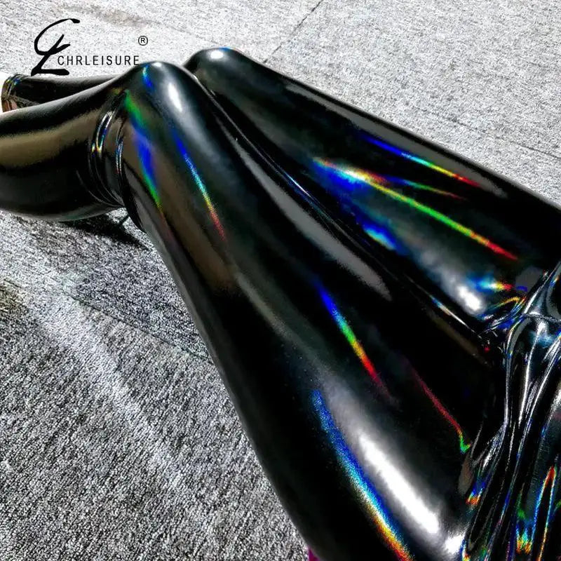 CHRLEISURE Black PU Leather High Waist Leggings For Women
