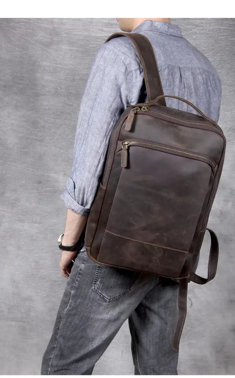 Men's Retro Crazy Horse Leather Laptop Backpack — product view 20