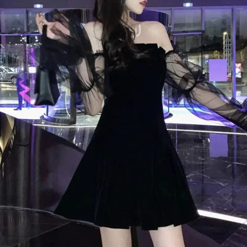 Gothic Elegance Velvet Mini Dress Off Shoulder Vintage
