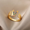 Rainbow Zircon Letter Rings For Women Fashion Jewelry 2024