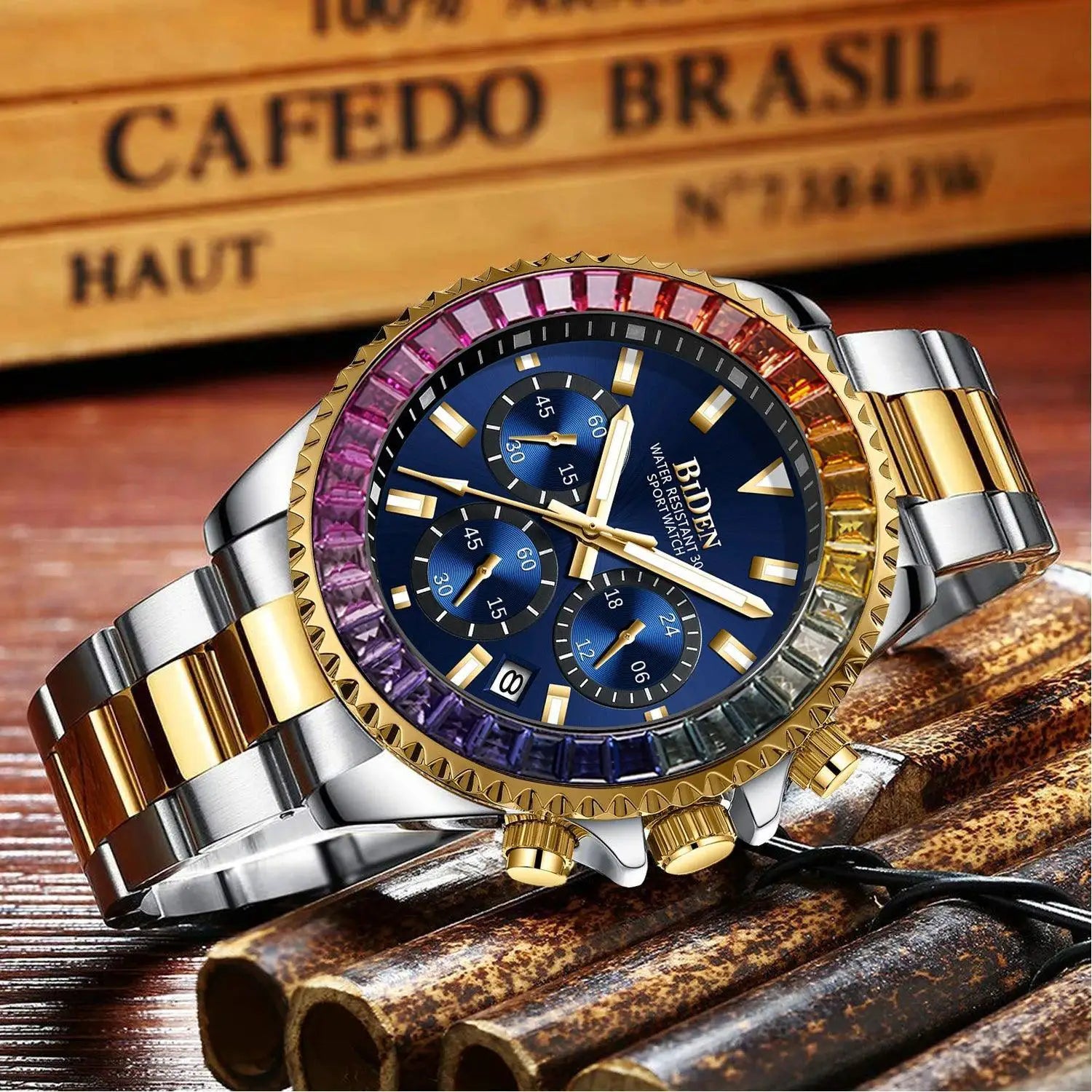 Rainbow Diamond Gold Watch For Men Stylish Timepiece