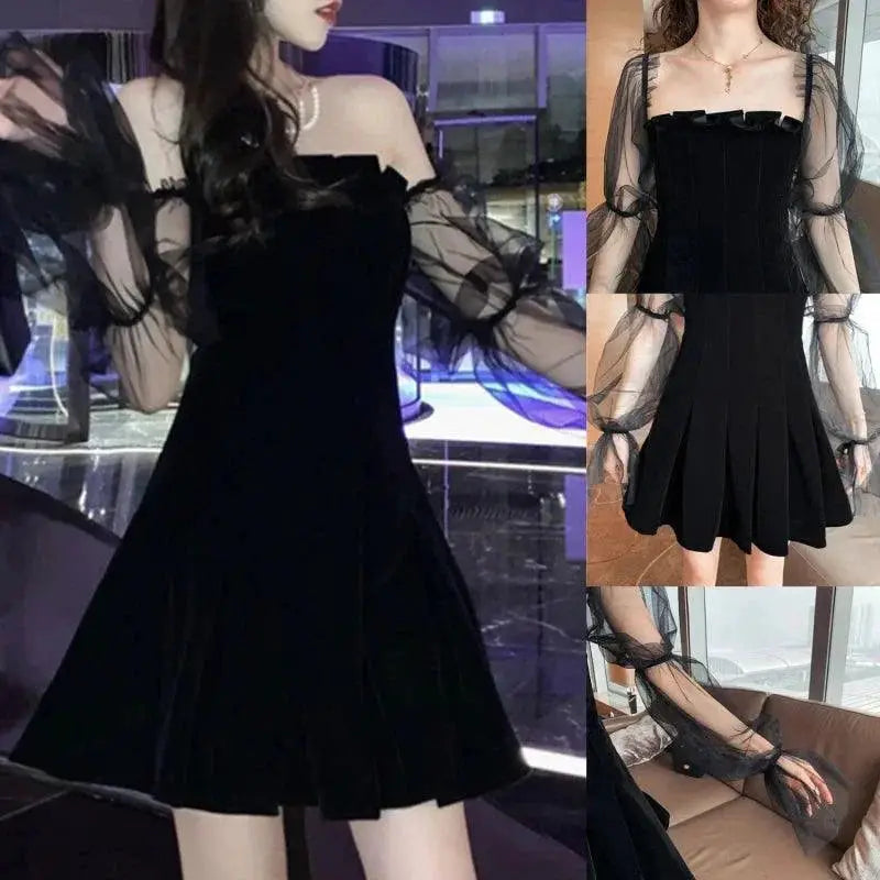 Gothic Elegance Velvet Mini Dress Off Shoulder Vintage