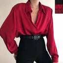 Elegant Red & Black Button-Down Office Blouse Choice for Women