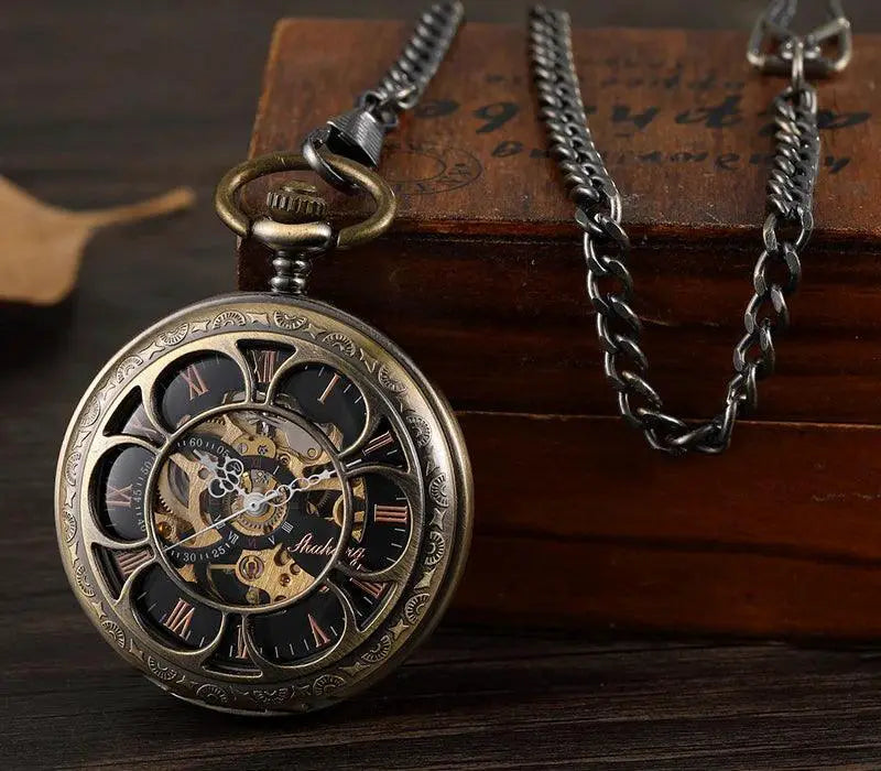Vintage Bronze Pocket Watch Roman Numeral Skeleton Hand Wind