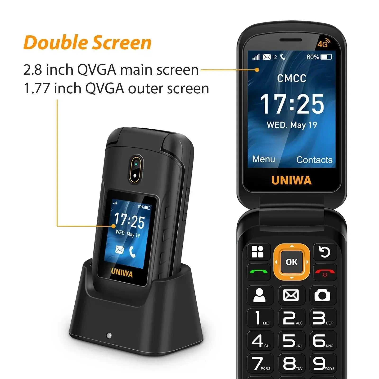 UNIWA V909T 4G Flip Phone For Elderly Dual Screen Model