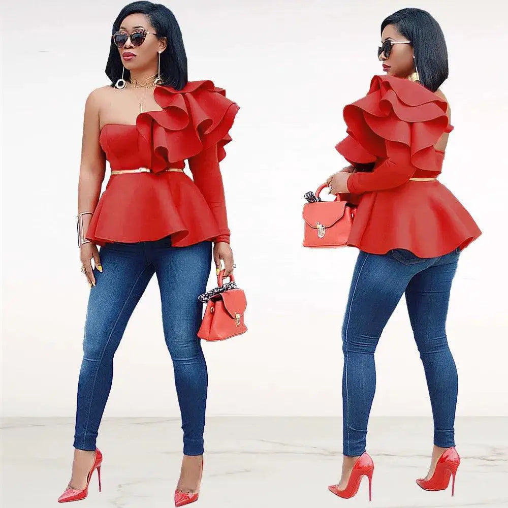 Elegant One Shoulder Ruffle Peplum Blouse Chic Party Top
