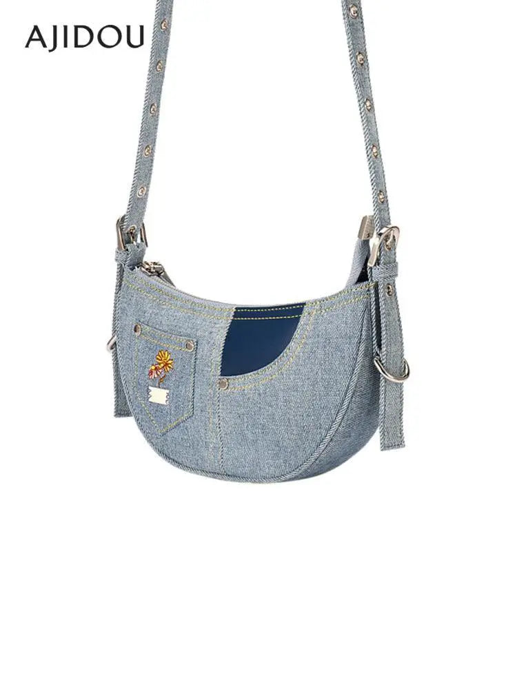 Ajidou Denim Patchwork Retro Crossbody Bag For Casual Use