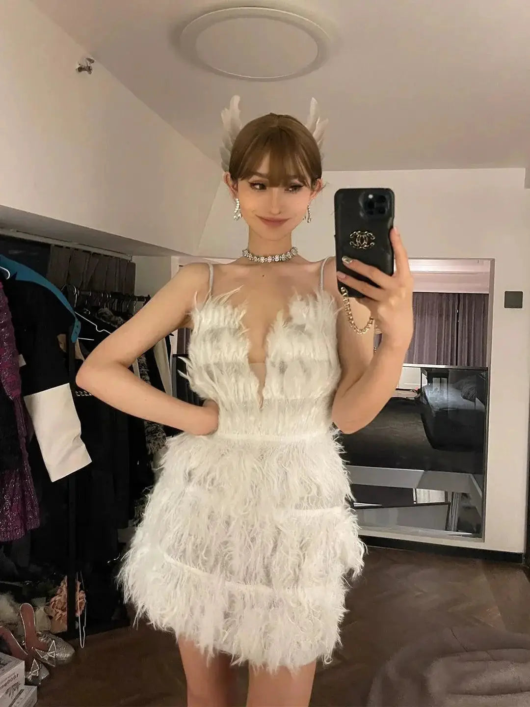 Chic Feather Backless Dress Glamorous Party Style Dress