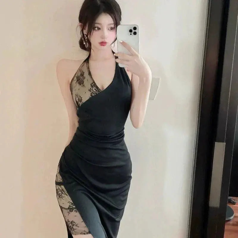 Deep V Neck Lace Halter Dress Glamorous Elegant Statement
